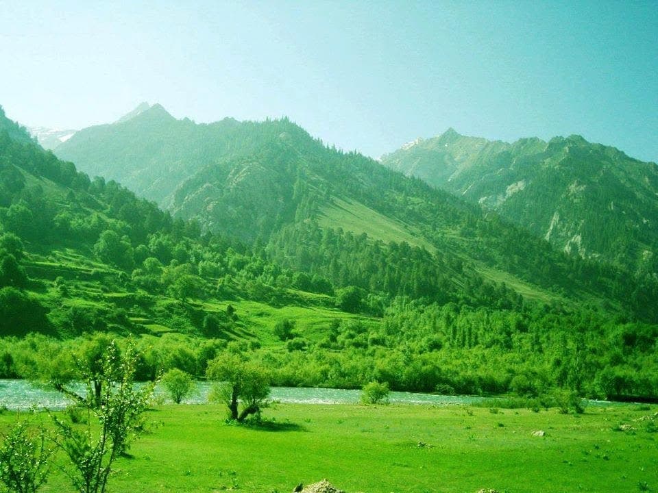 A green valley meadow with a river running through it