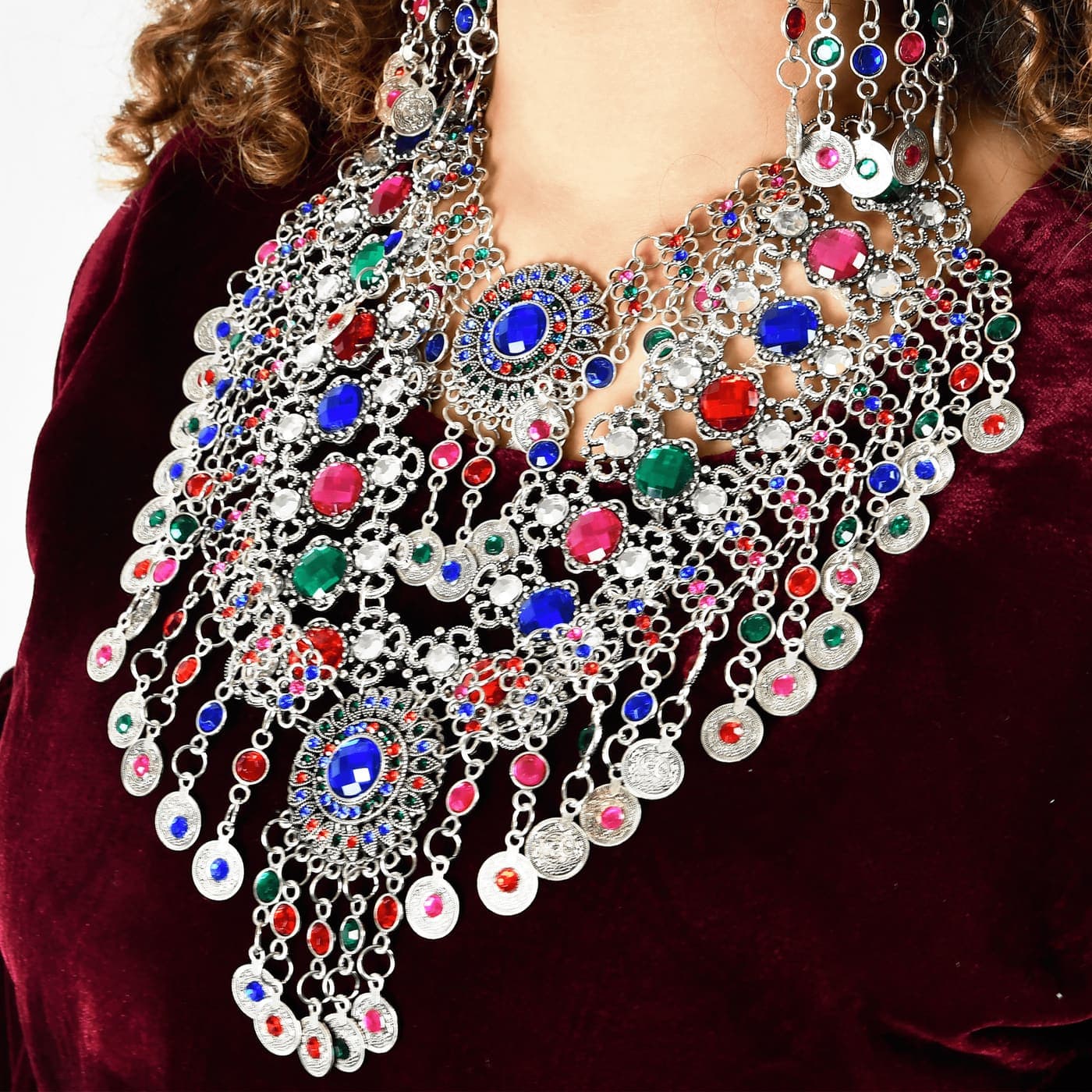 A handmade necklace set with coloured stones